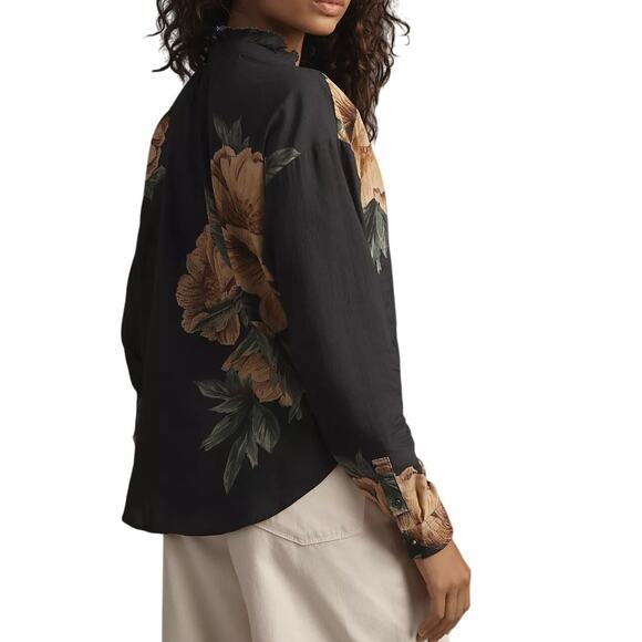 Pilcro Tavi Button-Down Floral Blouse Black Tan Yellow Size MP (Anthropologie) - Picture 2 of 7